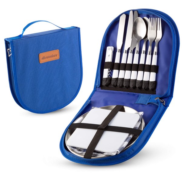 Camping Silverware Kit Cutlery Organizer Utensil Picnic Set - 12 Piece Mess Kit For 2 - Stainless Steel Plate Spoon Butter and Serrated Knife Wine Opener Fork Napkin Hiking - Camp Kitchen BBQ’s (Blue)