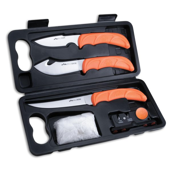 Outdoor Edge WildLite Hunting Field Dressing Kit, Compact 6-Piece Portable Butcher Game Processor Set, Full Tang 420J2 Stainless Knife Blades, TPR Blaze Orange Non-Slip Handles, Sturdy Hide-Side Case