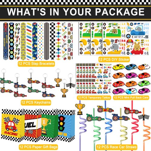 Erweicet Race Car Party Favors 84 PCS Mini Race Cars Keychains Slap Bracelet Stickers Straws Goody Treat Candy Bags for Kids Birthday Party Classroom Reward