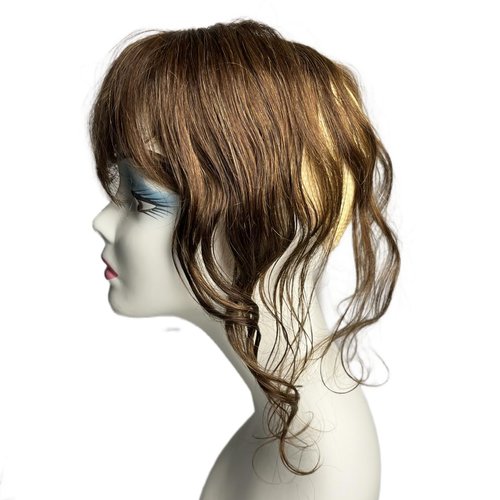 AYunhe Curly Wavy Human Hair Topper for Women Clip in Human Hairpieces with 3D Bangs Fringe Hair Extensions 35cm Mid Part Hair Toupee (Light Brown)