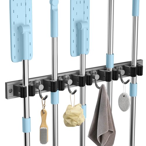 romise Broom Holder Mop Hanger Wall Mount, Adjustable Garage Broom Tool Organizer Storage Wall Hanging Metal Utility Racks Organization for Home Kitchen Garden Laundry(5 Racks & 4 Hooks)