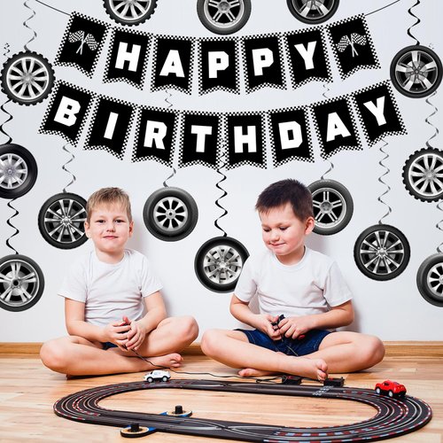 Race Car Birthday Party Decorations, Race Car Party Decorations Includes Happy Birthday Banner and Wheel Hanging Swirls, Race Car Theme Party Birthday Party Supplies