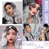 PORSMEER Gray with Dark Root Wig Long Wavy Wigs for Women, Cosplay Synthetic Hair Wig Middle Part Ladies Wigs 7-piece set including Grey Wig+Wig Cap+Lace Mask+Bracelets+Necklaces+Gloves+Tattoo