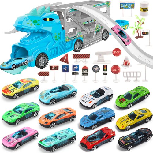KAEGREEL Dinosaur Trucks Toys for Kids 3 4 5 6 7 Year Old 33Pcs Dinosaur T Rex Transport Car Carrier Truck Vehicle Playset with 12 Catapult Cars & Road Signs Dino Toys Gifts for Boys Xmas Birthdays