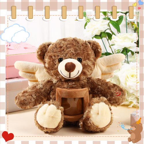 Leyndo Angel Remembrance Bear Plush Stuffed Animal with Recorder 12 Inch Voice Recording Dolls with a Picture Frame Memorial Toy for Family Baby Shower Birthday Party Gifts(Dark Brown)