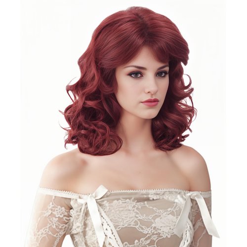 NJJYXH 16 Inches Vintage Copper Red Wigs for Women Long Auburn Wavy Wig with Bangs Synthetic Natural Burgundy Wig for 60s 70s 80s Cosplay,Halloween,Daily Use