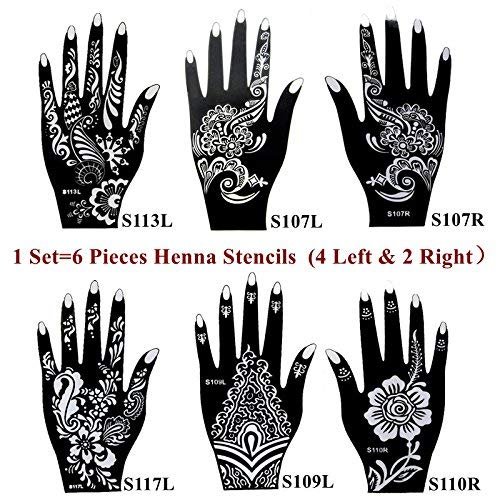 Xmasir 6 Sheets India Henna Tattoo Stencil Kit for Women Girl Hand Art Painting Temporary Tattoo Sticker Glitter Templates 7.87'' x 4''