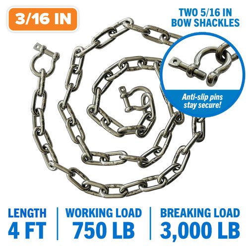 Stainless Steel Anchor Chain, Boat Anchor Chain, Anchor Chains for Boats, Stainless Anchor Chain, Double Boat Anchor Shackle Link Ends Marine Grade Boat Accessories 4 Ft Chain 3/16" Width