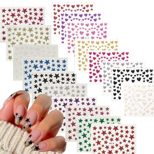 18 Sheets Star Nail Stickers Star Nail Decals Design Nail Supplies 3D Self-Adhesive Nail Colorful Slider Stars Love Stickers Glitter Decoration Heart Nail Stickers Decals for Women Girls Manicure