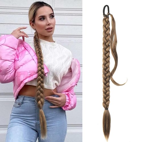 Long Braided Ponytail Extensions with Elastic Hair Tie Straight Wrap with Braid Pony Tails Hair Pieces Natural Soft Synthetic Ponytail Hair Extensions for Women (Medium Brown Mixed Dark Blonde)