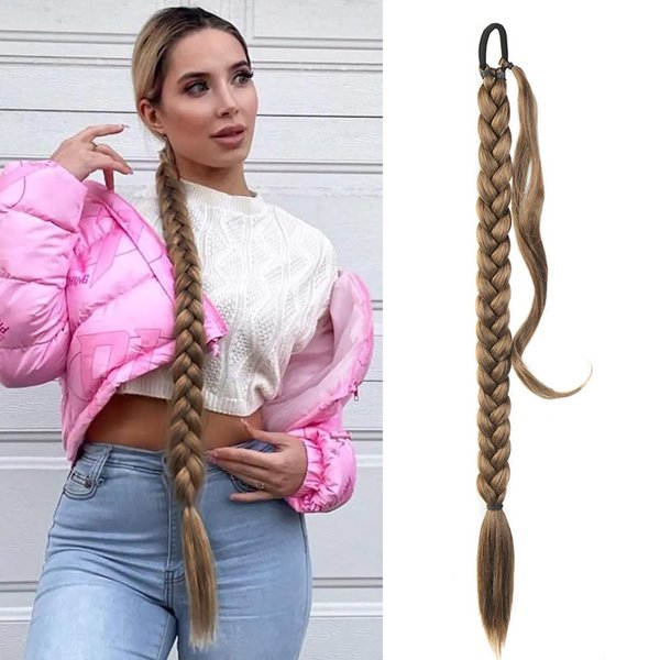 Long Braided Ponytail Extensions with Elastic Hair Tie Straight Wrap with Braid Pony Tails Hair Pieces Natural Soft Synthetic Ponytail Hair Extensions for Women (Medium Brown Mixed Dark Blonde)