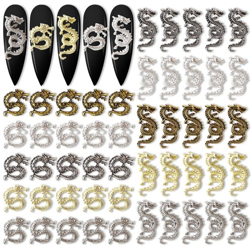 SILPECWEE 50pcs 3D Dragon Nail Charms for Acrylic Nails 3D Nail Art Charms Metal Nail Dragon Studs Alloy Nail Jewels Decorations for Nails Salon Accessories Craft Making