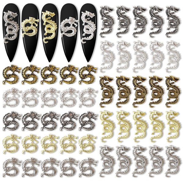 SILPECWEE 50pcs 3D Dragon Nail Charms for Acrylic Nails 3D Nail Art Charms Metal Nail Dragon Studs Alloy Nail Jewels Decorations for Nails Salon Accessories Craft Making