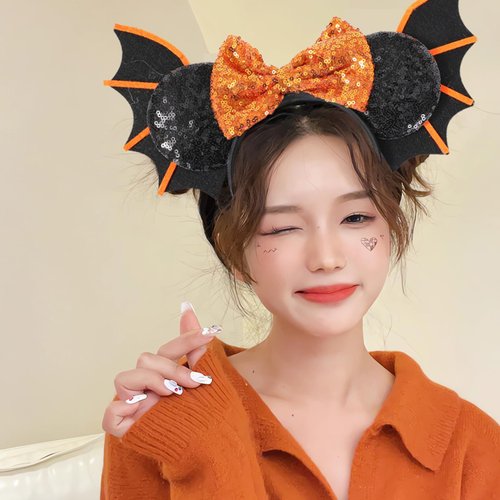 ZJHGDR Halloween Mouse Ear Headband Big Bat Wings Design Hair Hoop Cute Orange Bow Sequins Hallow...