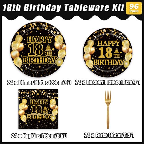 Kepeel 96Pcs 18th Birthday Party Tableware Set, Black Gold Time To Adult Birthday Party Decorations Supplies for Boys Girls Cheers to 18 Years Birthday Party Plates Napkins Forks Favors, Serve 24