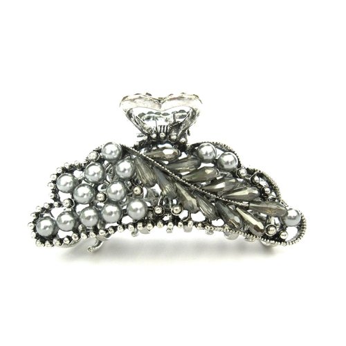 Silver metal gray crystal and silver pearl hair claw clip