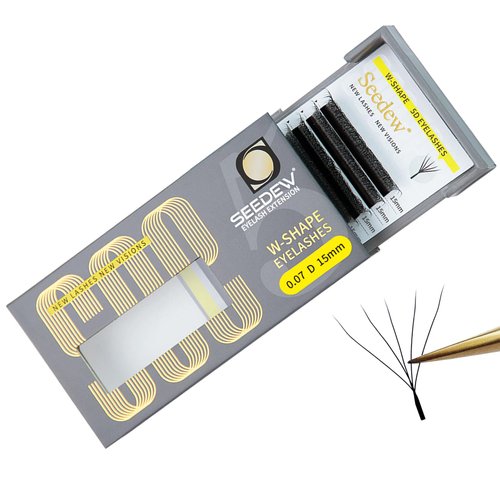 SEEDEW 5D Lash Extensions, 0.07mm D Curl 15mm 12 Rows/Tray, W Shape Flat Stem, Korean PBT Volume False Eyelashes Grafting for Beginner Artist, Lash Tech, Beauty Salon(5D-Matte Black-0.07-D-15mm)