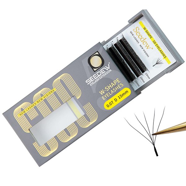 SEEDEW 5D Lash Extensions, 0.07mm D Curl 15mm 12 Rows/Tray, W Shape Flat Stem, Korean PBT Volume False Eyelashes Grafting for Beginner Artist, Lash Tech, Beauty Salon(5D-Matte Black-0.07-D-15mm)