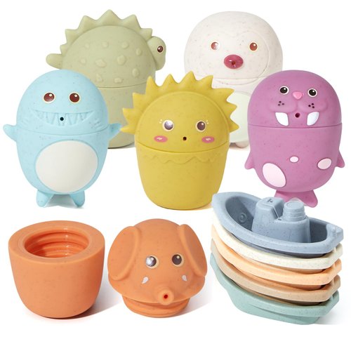 AMCHSURI Bath Toys for Kids Ages 1-3, 11 PCS Mold Free Toddler Bath Toys for 2-4 Bathtub Water Toys Non Toxic Stackable Bath Boats and Animal Squirt Bath Toys for Babies 6-12 Months