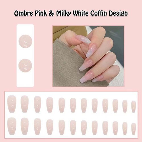 ANDGING Ombre Press on Coffin Fake Nails for Women with Milky White Pink Design - Glue on Acrylic False Square Full Cover Gel Stick on Nails for Wedding Birthday 24Pcs