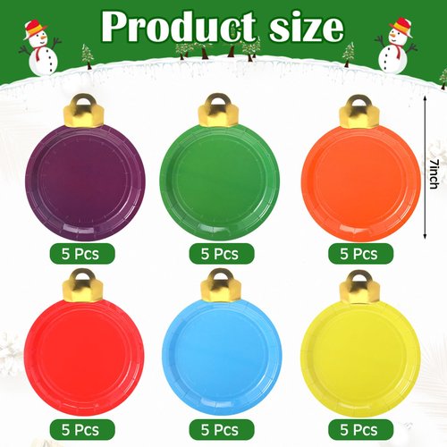 Zhehao 30 Pcs Christmas Paper Plates 7 Inches Christmas Disposable Plates Gold Foil Christmas light shape Plate Holiday Dinnerware Christmas Party Supplies for Dessert Salad Appetizer(Classic Style)