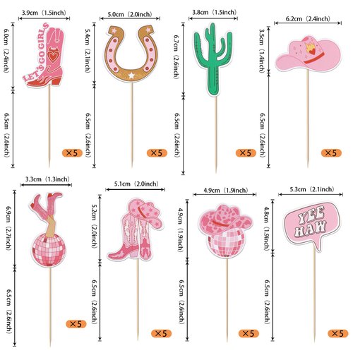 40 PCS Cowgirl Cupcake Toppers Double Sided HorseShoe Cactus Hat and Boot Cupcake Picks Disco Ball Cup Rodeo Cake Decorations for Western Cowgirl Theme Birthday Party Supplies
