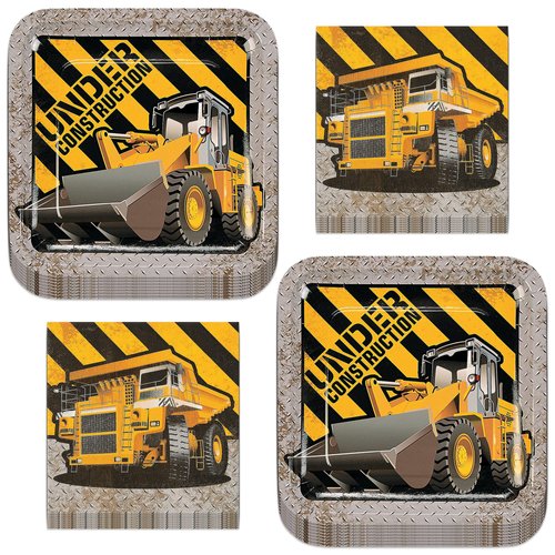 Construction Zone Party Metallic Paper Dinner Plates and Luncheon Napkin (Serves 16)