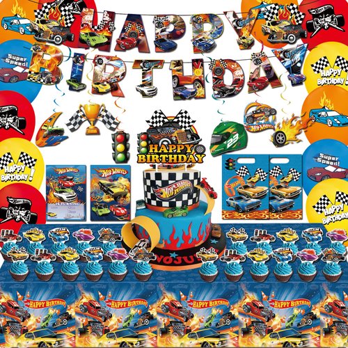 77 Pcs Hot Car Birthday Party Supplies,Included Banner,Hanging Swirls,Tablecloth,Cake Topper,Cupcake Toppers,Gift Bag, Invitation Card,Balloon for Boy and Girl Wheel Party Decorations