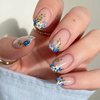 Flower Press on Nail Short Sqaure Fake Nail Blue Flower Deisgn for Acrylic Nail Spring Summer Full Cover Flase Nail Short Sticker on Nail with Glue for Women Girls Nail Art Decoration Supplies -24pcs Press on Nail