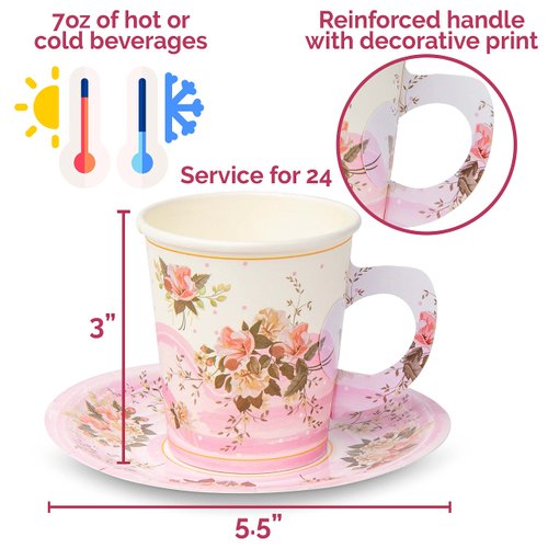 ROYAL BLUEBONNET Paper Tea Cup Set, 24 Disposable Teacups with Handles & Saucers, Floral Design for Hot & Cold Drinks, Tea Party Decorations, Tableware