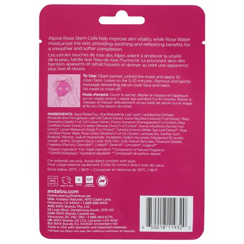 Andalou Naturals 1000 Roses Instant Soothe & Smooth Sheet Mask, 0.6 FZ