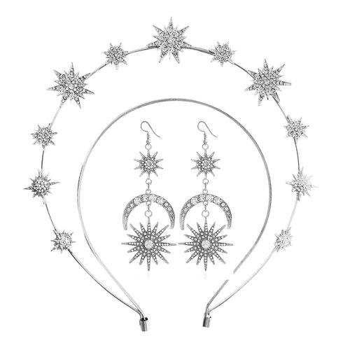 Moon Goddess Headpiece Star Halo Crown Celestial Headpieces Tiaras Crowns for Women Girls Boho Bridal Wedding Headpiece (Silver Set)