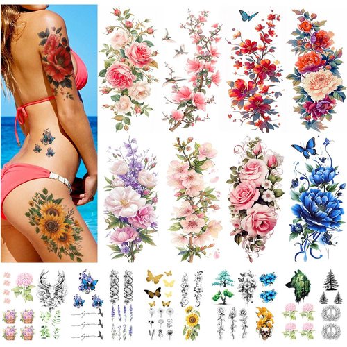 Jctato Flowers Sleeve Tattoo Temporary Tattoo Colorful Flowers Tatuajes Temporales Woman Sexy Floral Blossom Branch Temporary Tattoos for Adults Long Lasting Realistic Fake Tattoos for Arm,Color