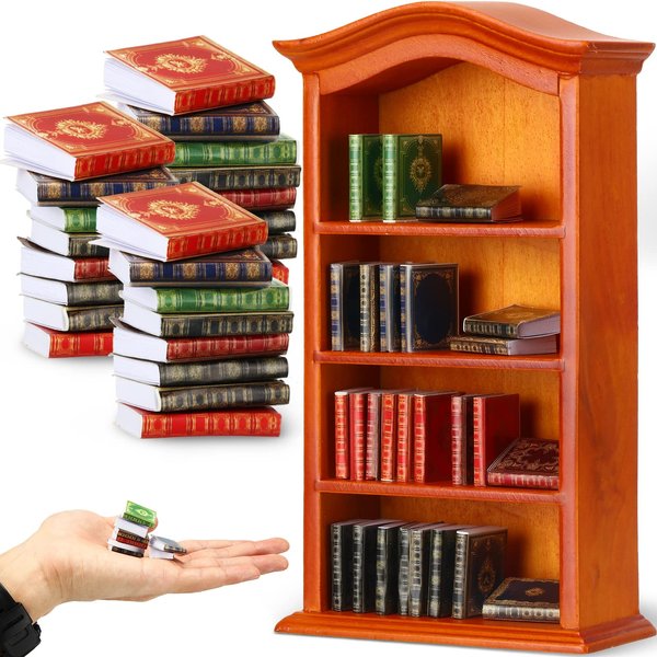 27 Pieces 1: 12 Scale Miniatures Dollhouse Books and 1 Pieces Wooden Bookcase 4 Floors Dollhouse Bookshelf Dollhouse Miniature Furniture Mini Books Model Dollhouse Decoration Accessories