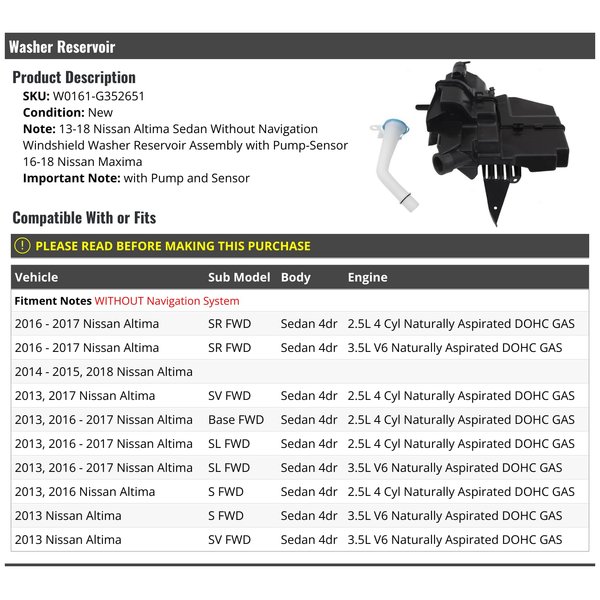 Windshield Washer Fluid Reservoir Tank Assembly - with Pump and Sensor- Compatible with 2013 - 2018 Nissan Altima Sedan 4-Door