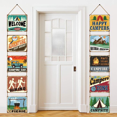Boao 10 Pcs Camping Party Decorations 12 x 10 Inch Camping Party Sign Welcome Camp Banner with 2 ...