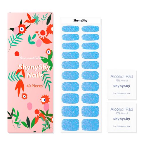 ShynyShy Semi Cured Gel Nail Strips Gel Nail Stickers for Nail Art- Nail Sticker Full Nail Wraps Works with Nail Lamps, Salon Quality with 2 Prep Pads, Nail File & Wooden Stick (Sparkle Sky Blue)