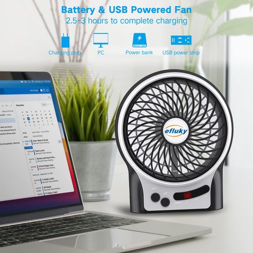 efluky 3 Speeds Mini Desk Fan, Rechargeable Battery Operated Fan with LED Light, Portable USB Fan Quiet for Home, Office, Travel, Camping, Outdoor, Indoor Fan, 4.9-Inch, Black