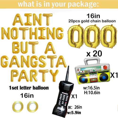 Aint Nothing But A Gangsta Party Balloon Banner Hip Hop Party Decorations Gold Jumbo Chain Balloons Inflatable Mobile Phone Radio Boombox Backdrop for 70s 80s 90s Hippie Retro Party Decor Supplies