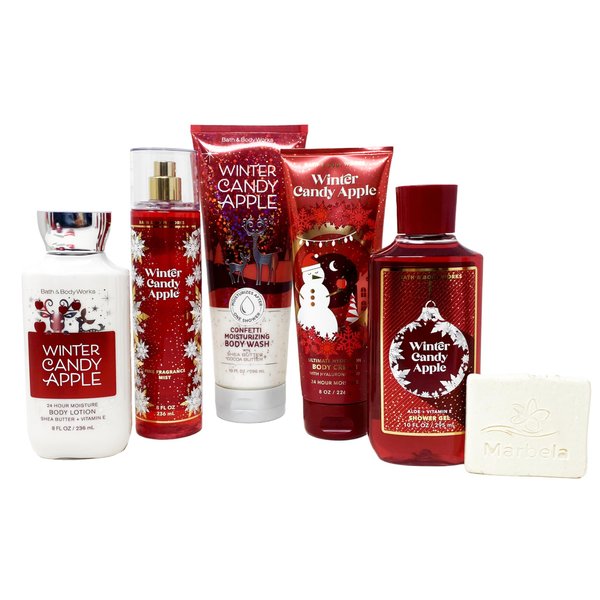 Bath & Body Works Winter Candy Apple - Deluxe Gift Set - Fine Fragrance Mist, Confetti Moisturizing Body Wash, Body Cream, Shower Gel and Body Lotion With a Natural Oats Sample Soap.