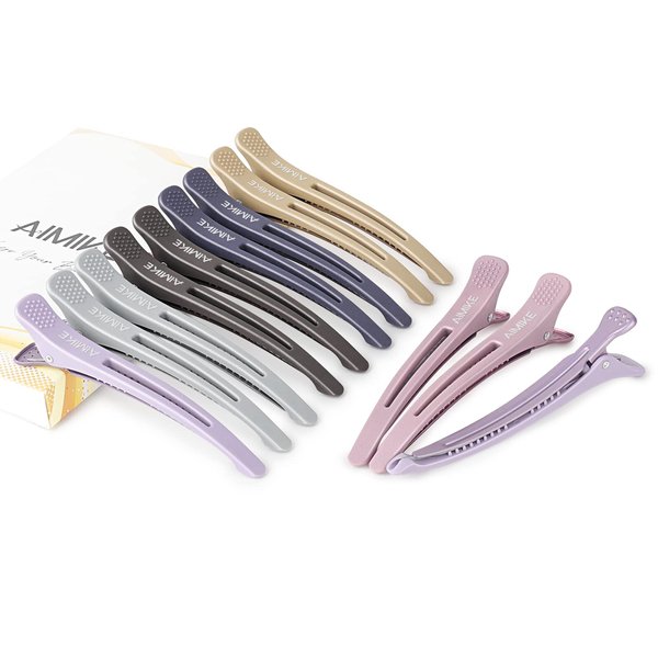 AIMIKE 12pcs Professional Hair Clips for Styling Sectioning, Anti-Slip No-Trace Duck Billed Hair Clips with Silicone Band, Salon and Home Hair Cutting Clips for Hairdresser, Women, Men - 4.3” Long
