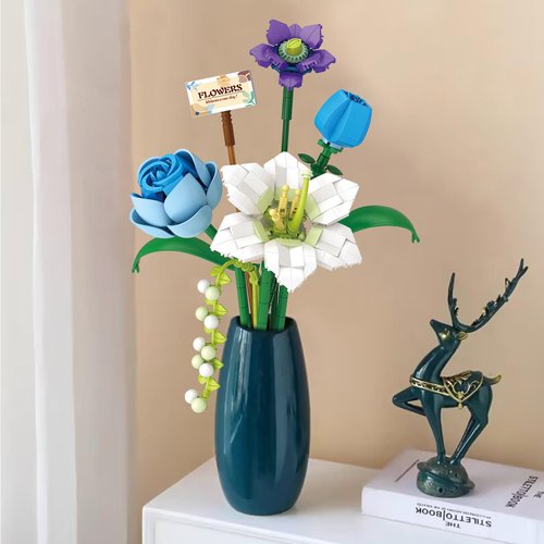 MEIEST Flower Bouquet Building Blocks Set,Mini Bricks Plant Botanical Collection Construction Building Toy,Creative DIY Artificial Flowers Home Decoration (Blue)