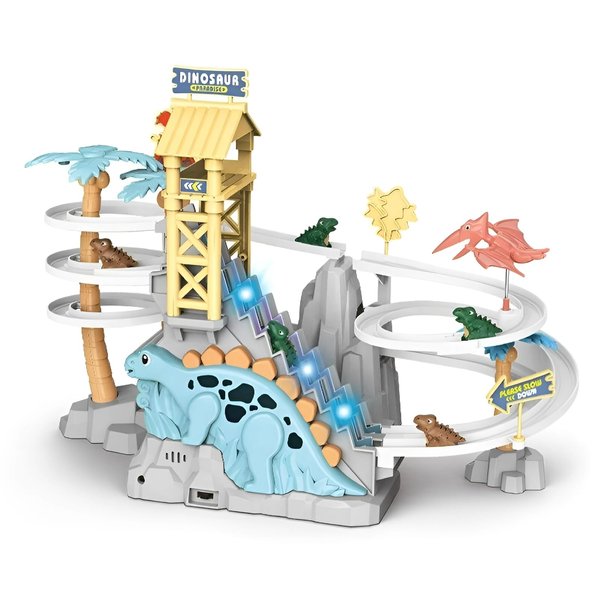 GEMPRIME Goods Dinosaur Climbing Slide Toy, Dinosaur Race Track Game Set Dino Car Track Adventure Slide Toy with Climbing Stairs, Lights and Music Toy for Toddlers Kids Boys Girls Age 3-8 - Blue