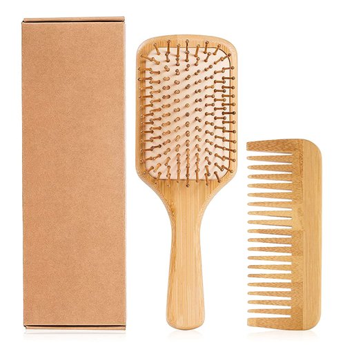 Hair Brush-Natural Wooden Bamboo Detangler Paddle Brush and Comb Set Eco Friendly Hairbrush for Women Men and Kids Thin Long Curly Hair Types and Massage Scalp(2Pcs)
