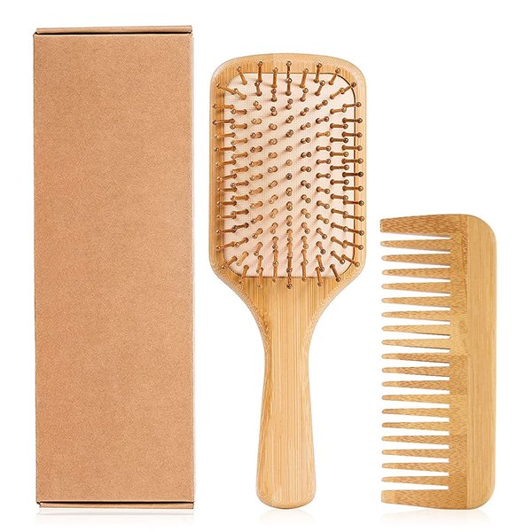 Hair Brush-Natural Wooden Bamboo Detangler Paddle Brush and Comb Set Eco Friendly Hairbrush for Women Men and Kids Thin Long Curly Hair Types and Massage Scalp(2Pcs)