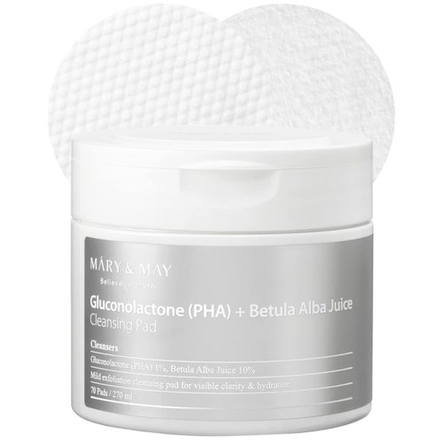 Mary&May Gluconolactone + Betula Alba Juice Cleansing Pad - One-Step, PHA Low-Acidic Exfoliating Makeup Remover Pad for Clear, Hydrated Skin, 70 Sheets