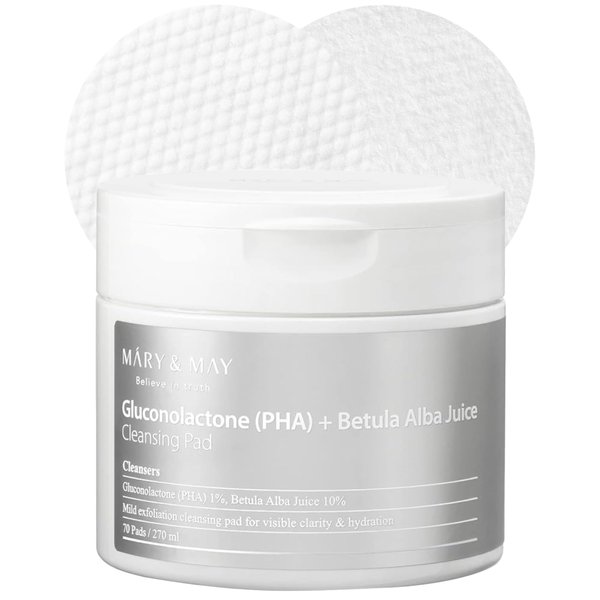 Mary&May Gluconolactone + Betula Alba Juice Cleansing Pad - One-Step, PHA Low-Acidic Exfoliating Makeup Remover Pad for Clear, Hydrated Skin, 70 Sheets