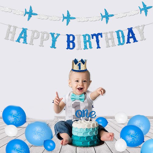 Zwiebeco Blue White Silver Happy Birthday Banner Sign Airplane Clouds Theme Birthday Banner Hanging Paper Birthday Party Decorations Supplies for Babys Kids Boys Girls Children's Birthday Decorations