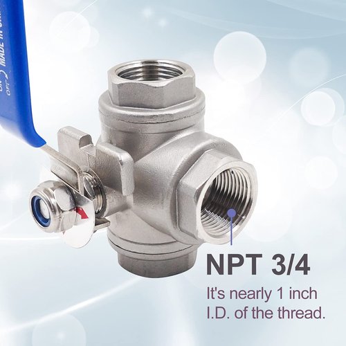 Horiznext NPT 3/4 threaded stainless steel 3 way L port with mounting pad ball valve, manual control water flow pipe gas hose heater hydraulic draining air pex tube (1 pc)