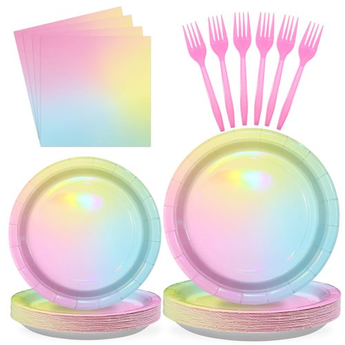 96Pcs Pastel Rainbow Birthday Party Supplies 350 GSM Holographic Pastel Plates and Napkins Colorful Iridescent Rainbow Party Decorations for Girls Baby Shower Sprinkle Wedding Party Favors Serves 24